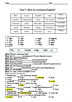 Bài tập Tiếng Anh Lớp 5 - Unit 7 How do you learn English
